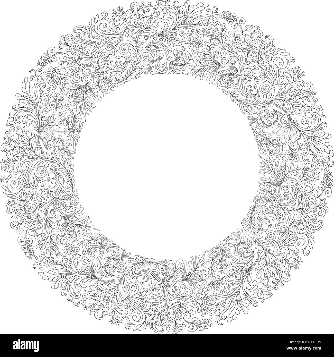 Round frame with black and white doodle flowers. Vector element for ...