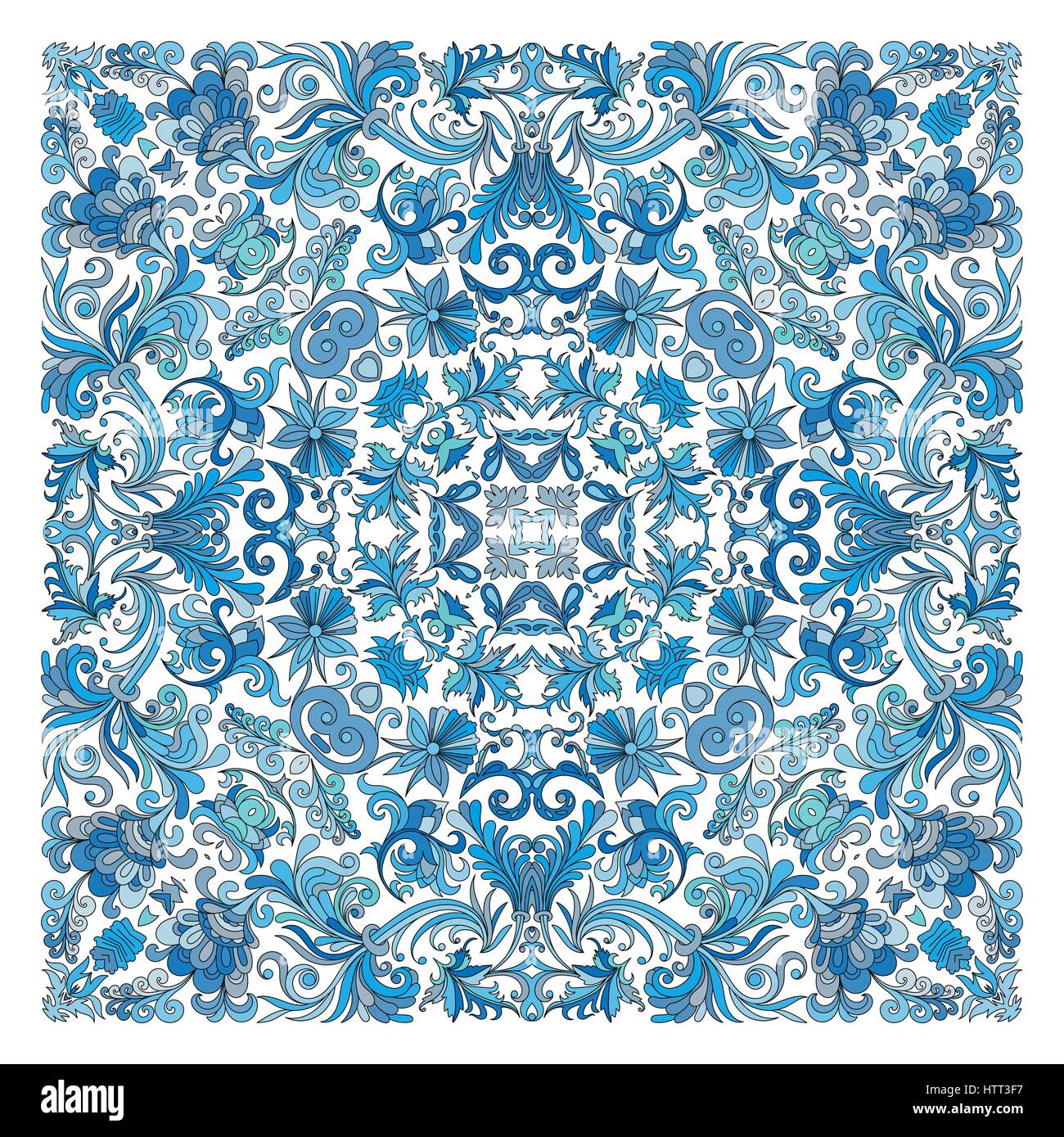 Colorful ornamental floral paisley shawl, bandanna, pillow, scarf. Square pattern. Detailed floral scarf design. Blue brown red eastern ornament on white background. Batik Stock Vector