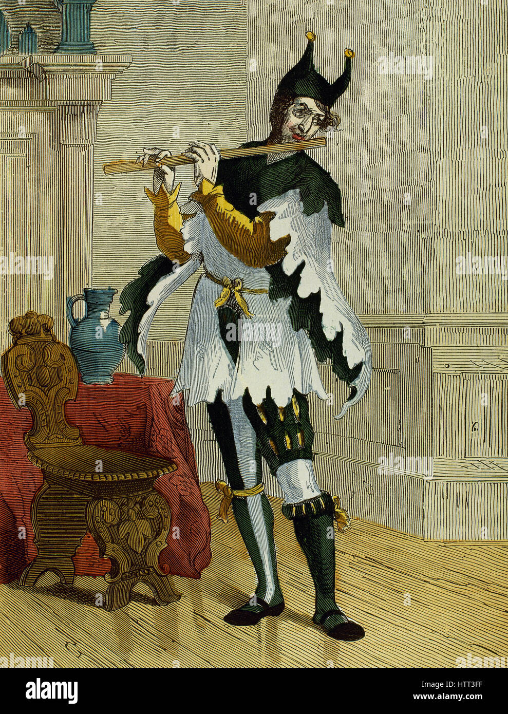 Jester playing the flute. 16th century. Engraving. Colored. Stock Photo