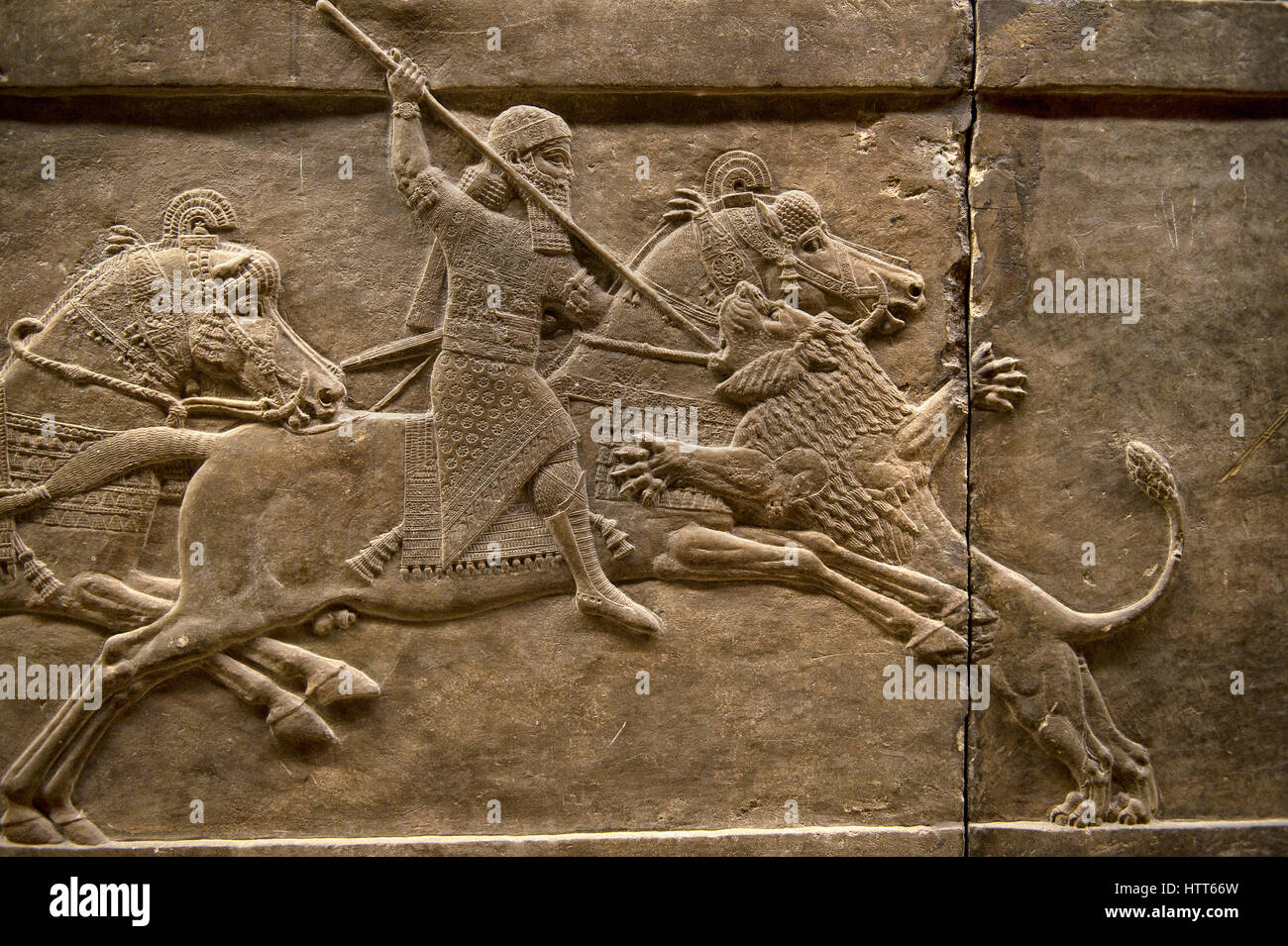 Assyrian relief sculpture panel of Ashurnasirpal lion hunting.  From Nineveh  North Palace, Iraq,  668-627 B.C.  British Museum Assyrian  Archaeologic Stock Photo