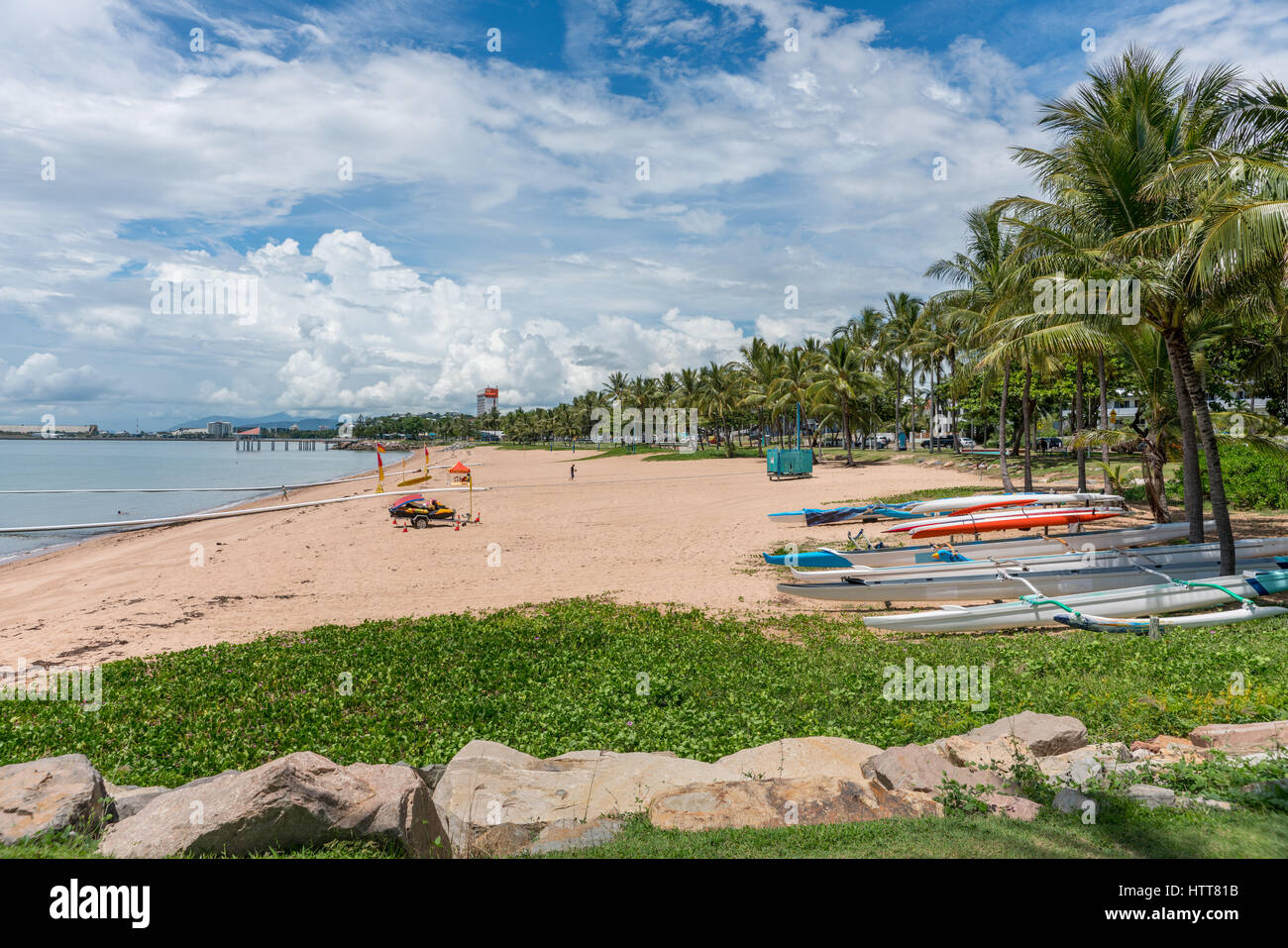 The Strand beach with lifeguard, safe swimming nets, kayaks and palm