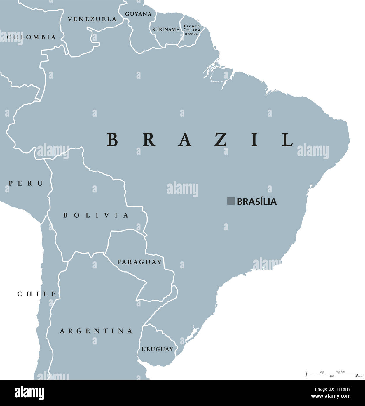 Brazil political map with capital Brasilia, national borders and neighbors. Federal republic and country in South America. Gray illustration. Stock Photo
