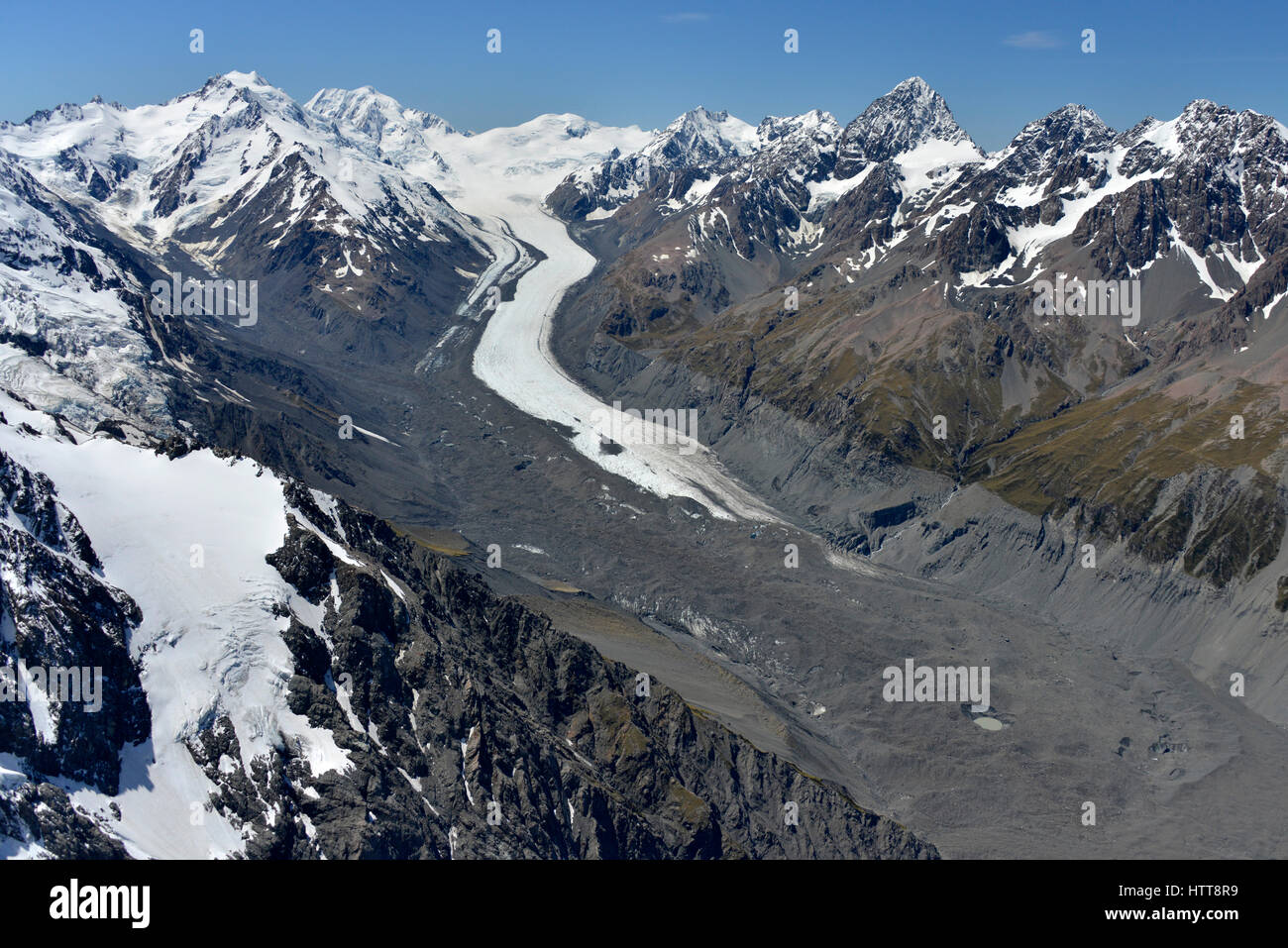Aerial shot of a glacier in Mt Cook National Park, the South Island, New Zealand Stock Photo