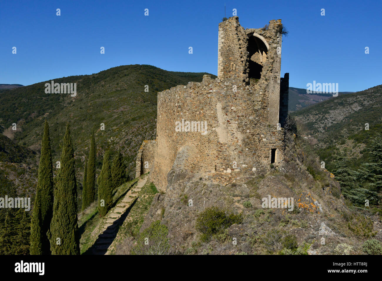 One of the ruined castle towers of Lastours in the Occitanie region of Southern France. Stock Photo
