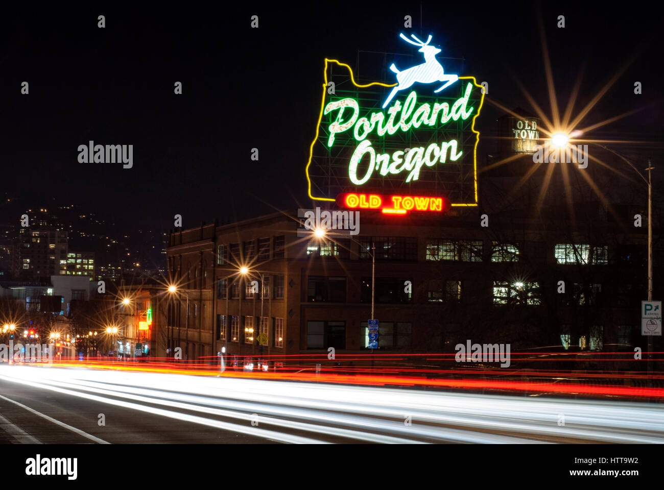 The famous White Stag sign in downtown Portland, OR. Stock Photo
