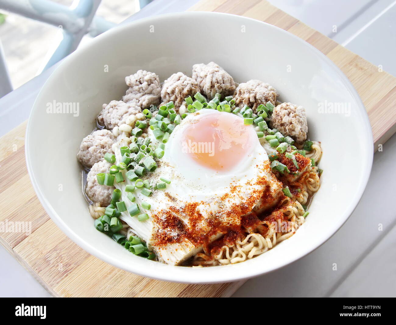 Closed up Noodle soup with minced pork and onion Stock Photo
