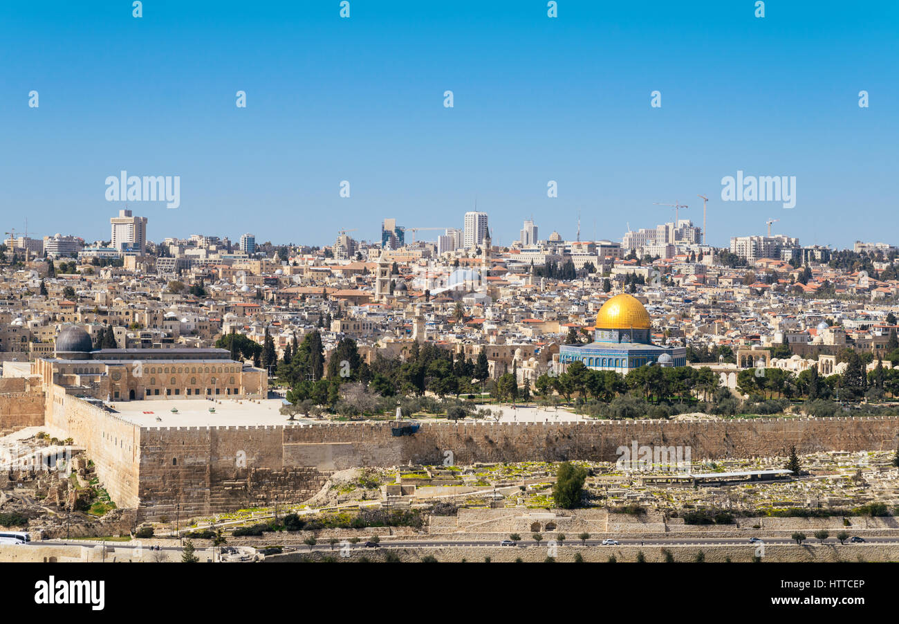 View from the Mount of Olives towards Al-Aqsa Mosque and the Dome of the Rock, Temple Mount, Old City of Jerusalem, Israel Stock Photo