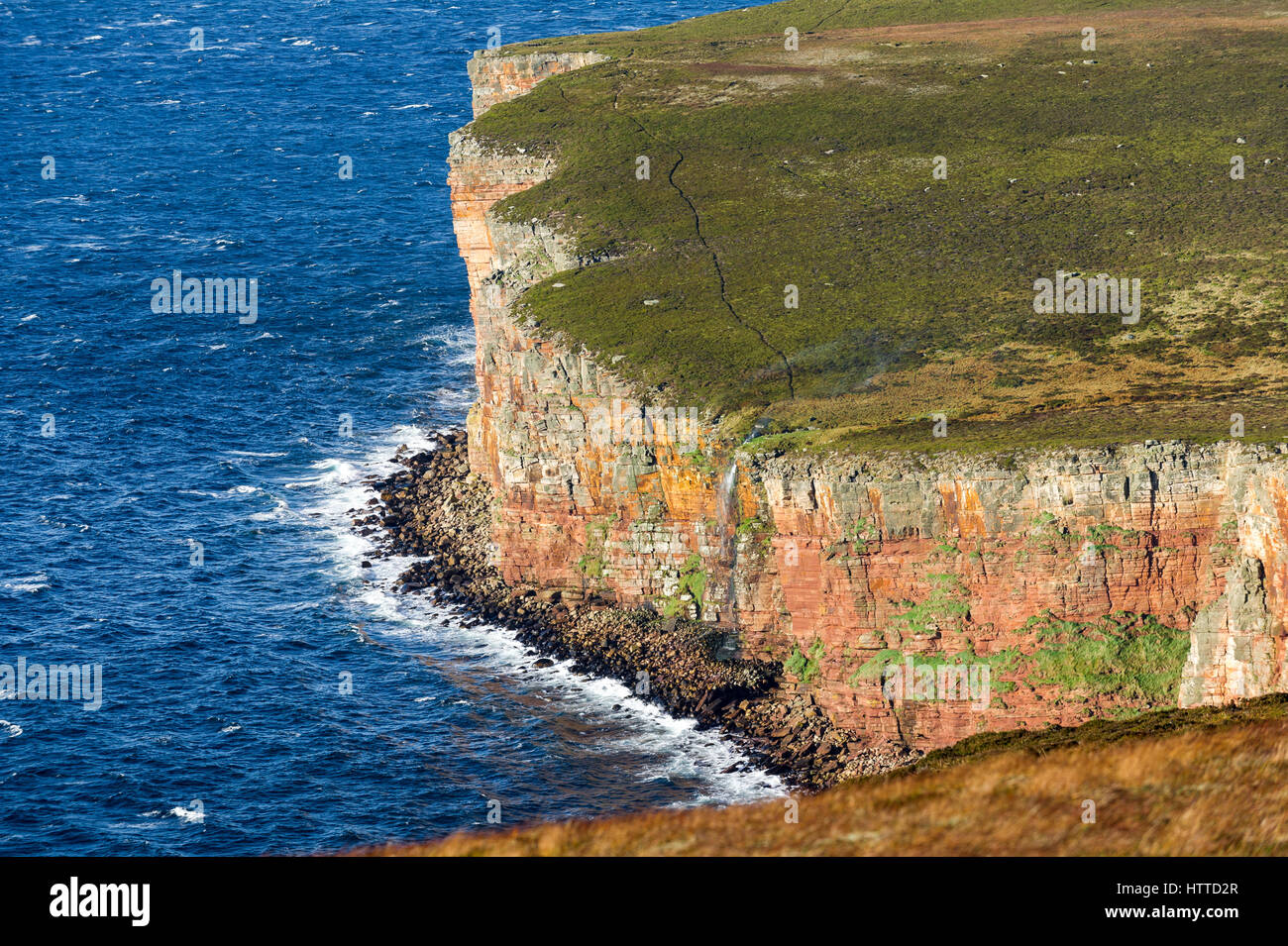 Waterfall on cliff walk to The Old Man of Hoy, Orkney, Scotland Stock Photo