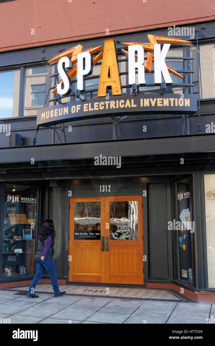 Woman entering the Spark Museum of Electrical Invention in downtown