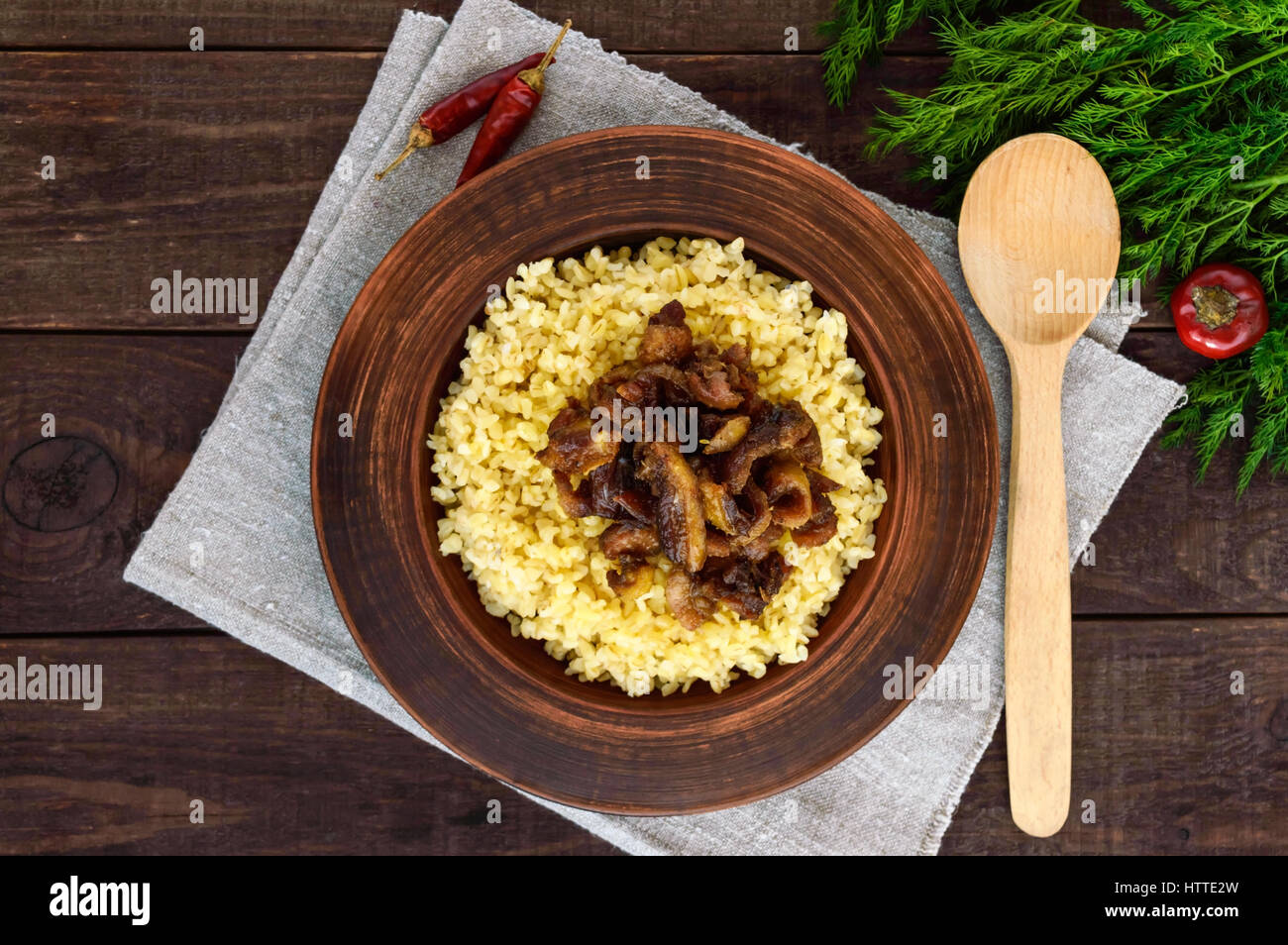 булгур с беконом. булгур с печенью.