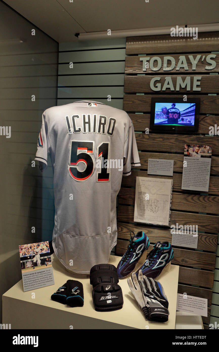 Uniform worn by Ichiro Suzuki of the Miami Marlins, National Baseball Hall  of Fame and Museum , Cooperstown, United States Stock Photo - Alamy