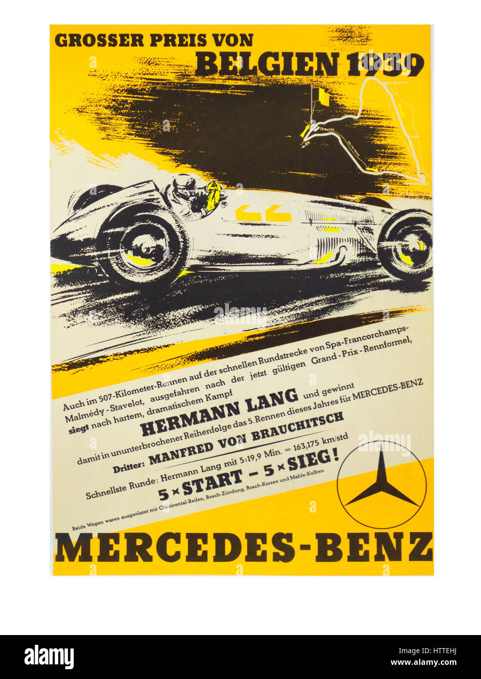Mercedes 1939 Vintage retro motor racing 1939 Belgium GP poster featuring Silver Arrow Mercedes-Benz Stock Photo