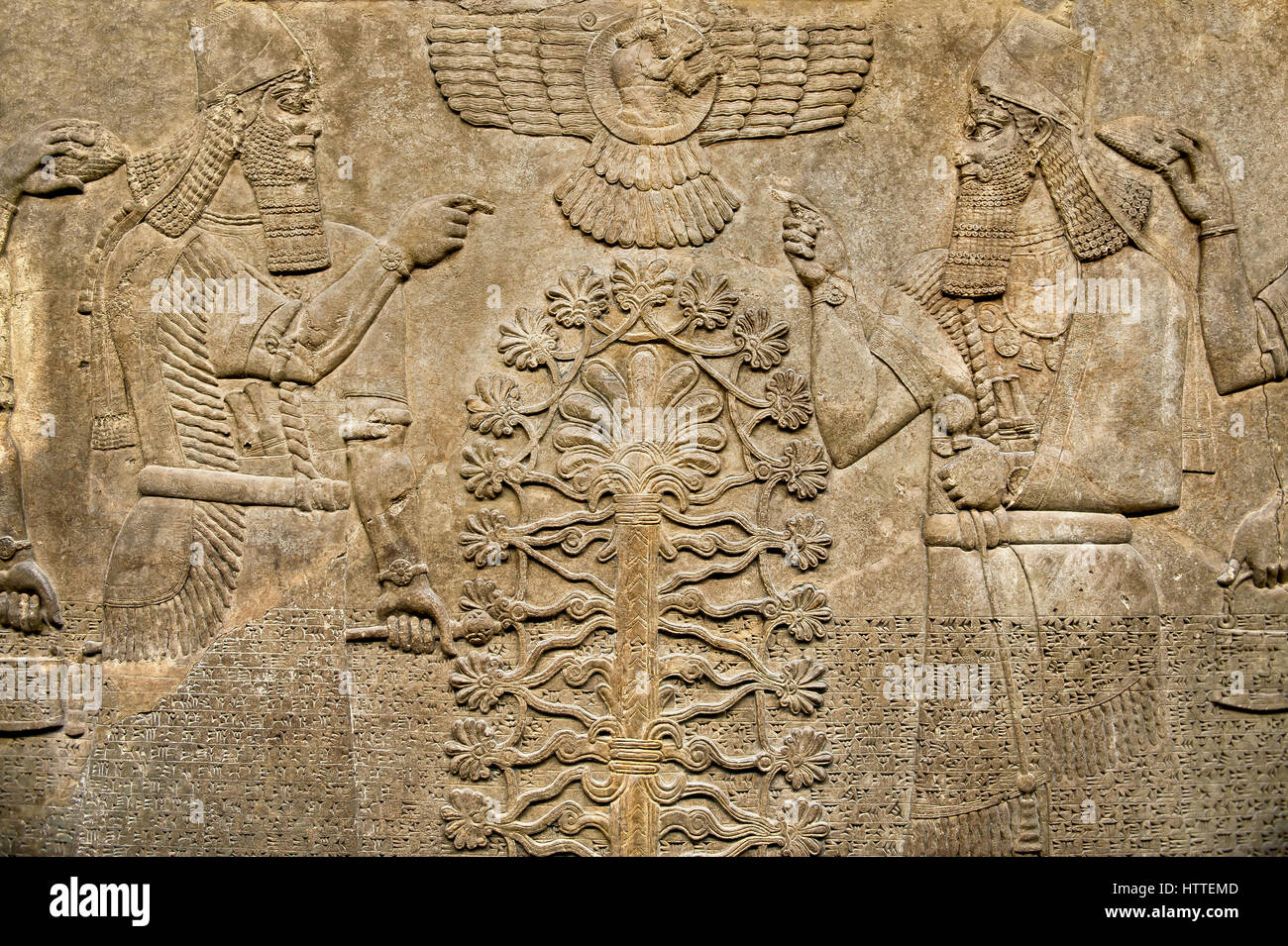 Assyrian relief sculpture panel  of King  Ashurnasirpal II dressed in Ritual robes, he is depicted twice on either side of the central sacred tree of  Stock Photo
