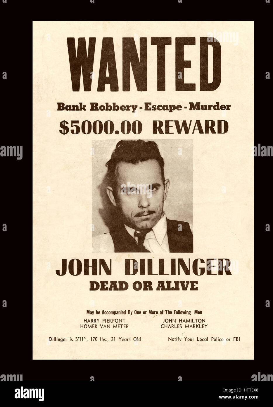 John Dillinger Wanted Dead or Alive vintage retro poster Stock Photo