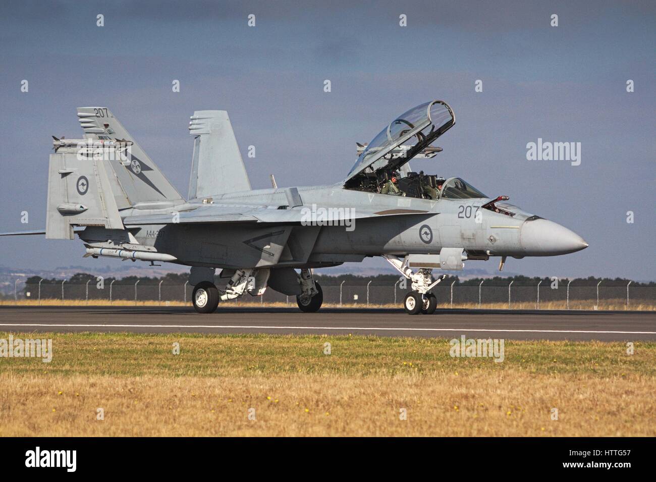 F/A-18F Super Hornet on the runway at the Avalon airshow, canopy open, Melbourne, Australia, 2017. Stock Photo