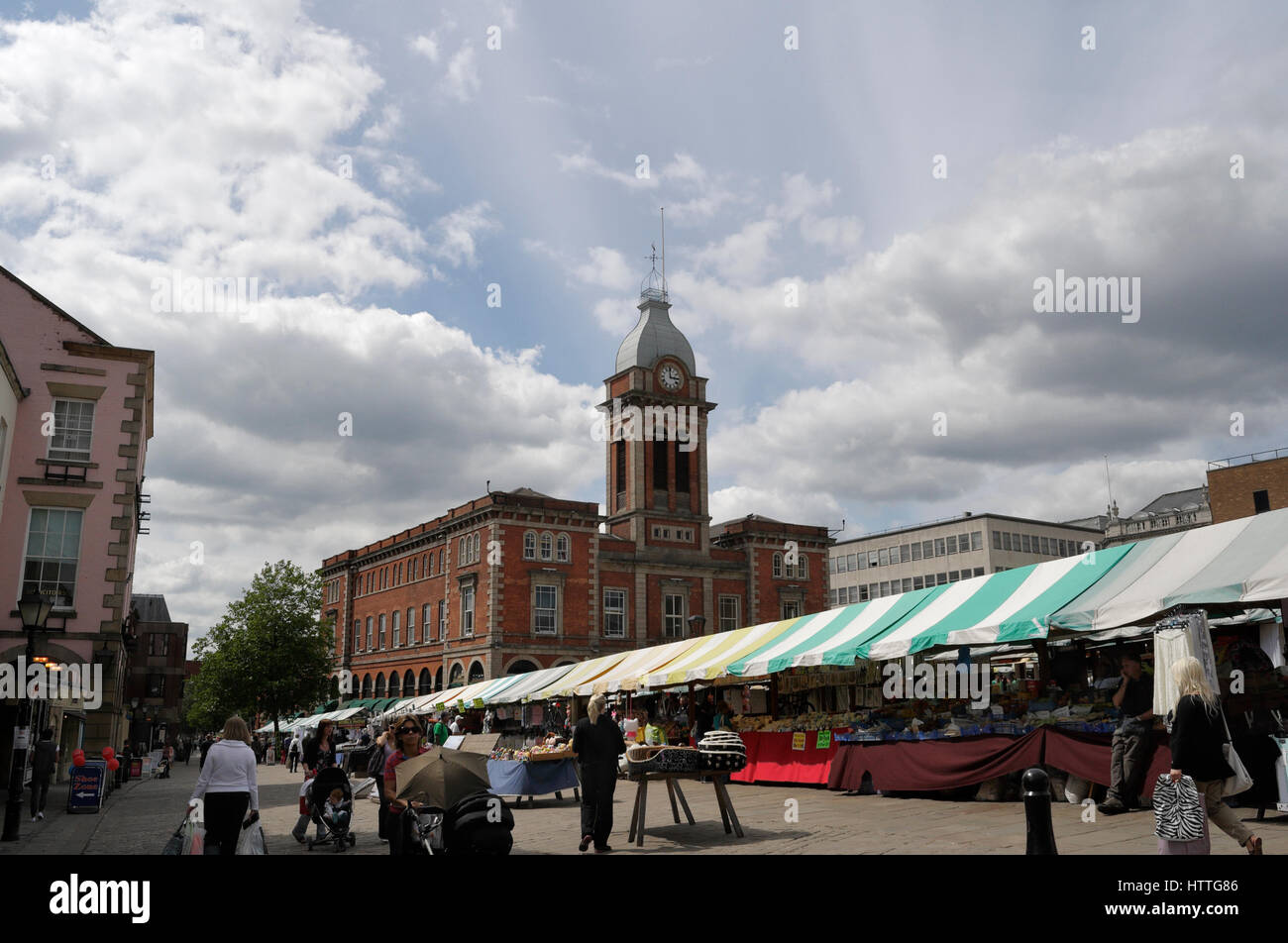 The old chesterfield market hall with the outdoor market, Derbyshire England UK, English town centre Stock Photo