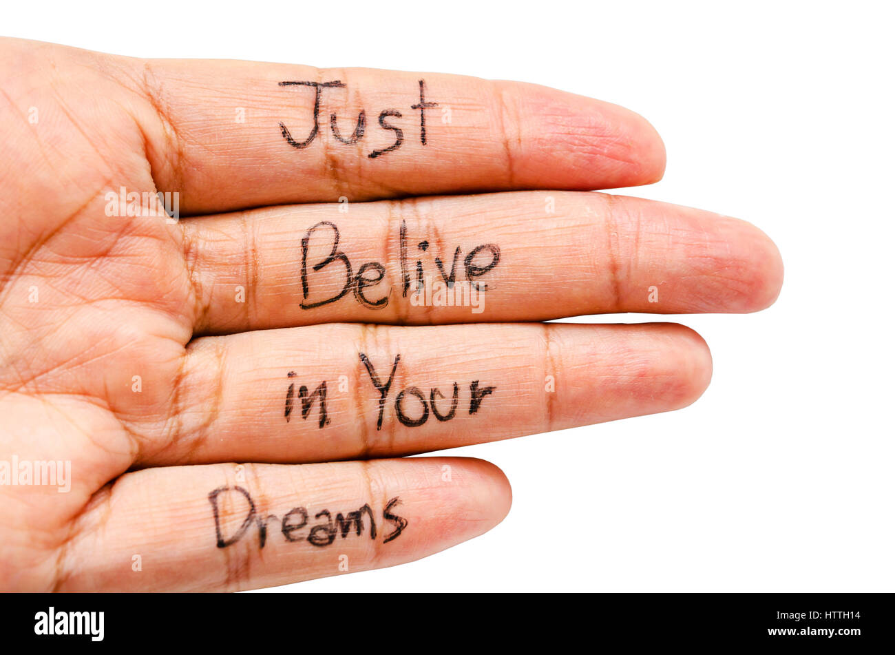 Just belive in your dreams word on finger isolated on white background, Saved clipping path. Stock Photo