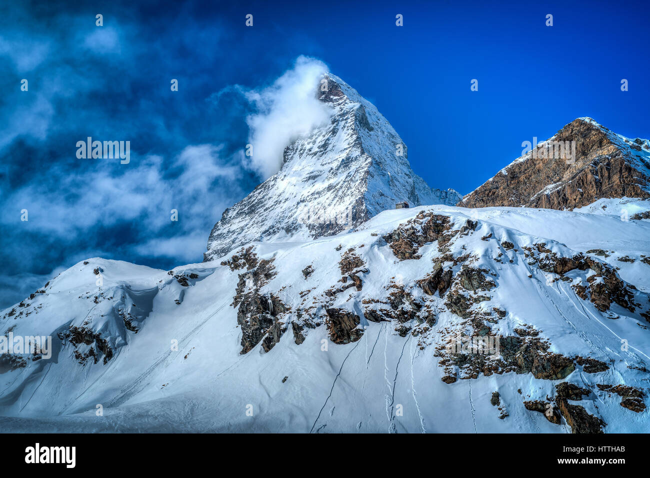 The icon of Switzerland, the Matterhorn, in Zermatt. It may be the highest mountain but it is certainly one of the most unique and beautiful. Stock Photo