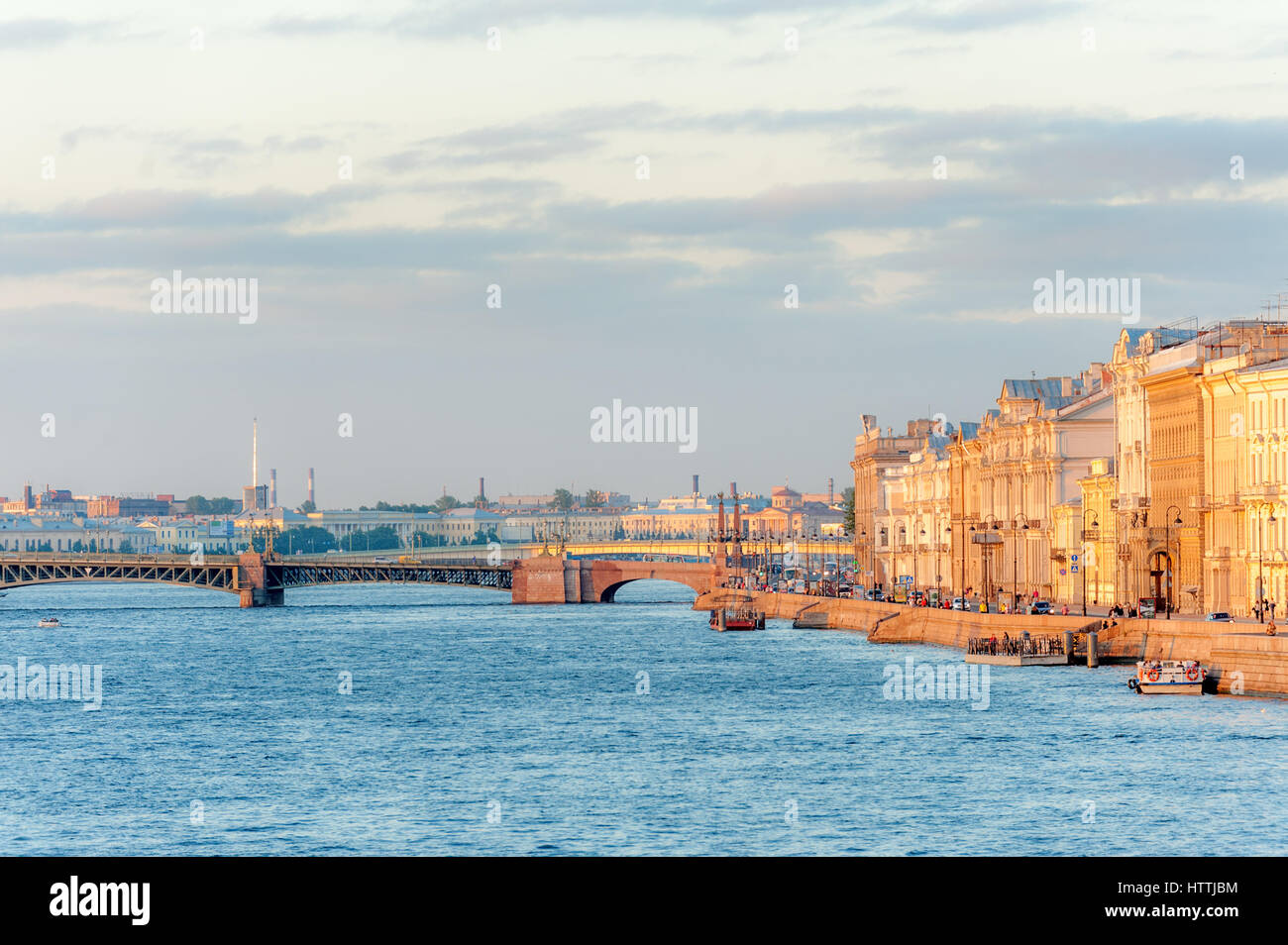 Palace embankment of Neva river and Trinity bridge in downtown Saint Petersburg Stock Photo