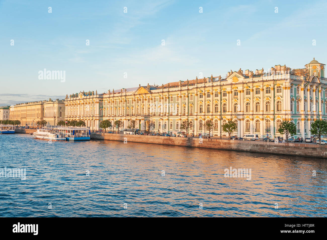 Hermitage complex and Winter Palace facade view from Neva river, St Petersburg Stock Photo