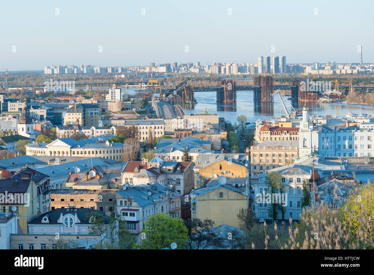Panoramic view of historic district Podol by the Dnieper river, Kiev, Ukraine Stock Photo