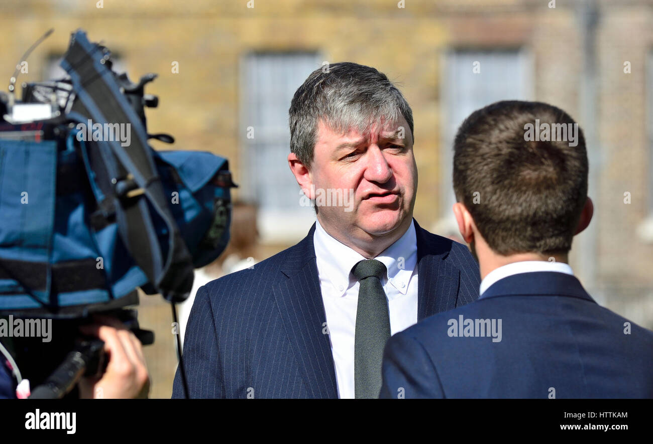 Alistair Carmichael MP (LibDem: Orkney and Shetland) giving media interviews  after Nicola Sturgeon's call for second Scottish Independence referendum Stock Photo