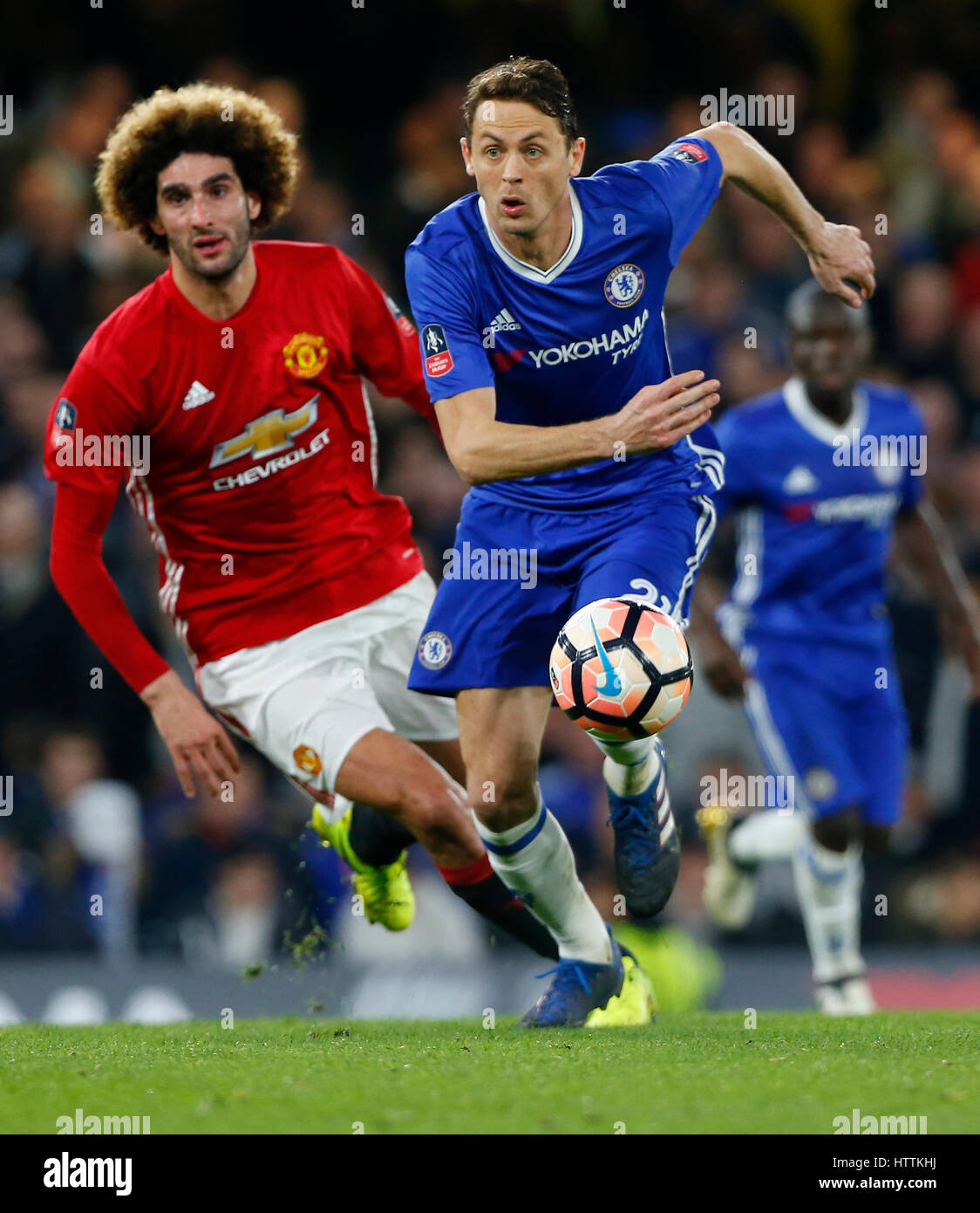 Nemanja Matic of Chelsea and Marouane Fellaini of Manchester United during the FA Cup match between Chelsea and Manchester United at Stamford Bridge in London. March 13, 2017. James Boardman / Telephoto Images +44 7967 642437 Stock Photo