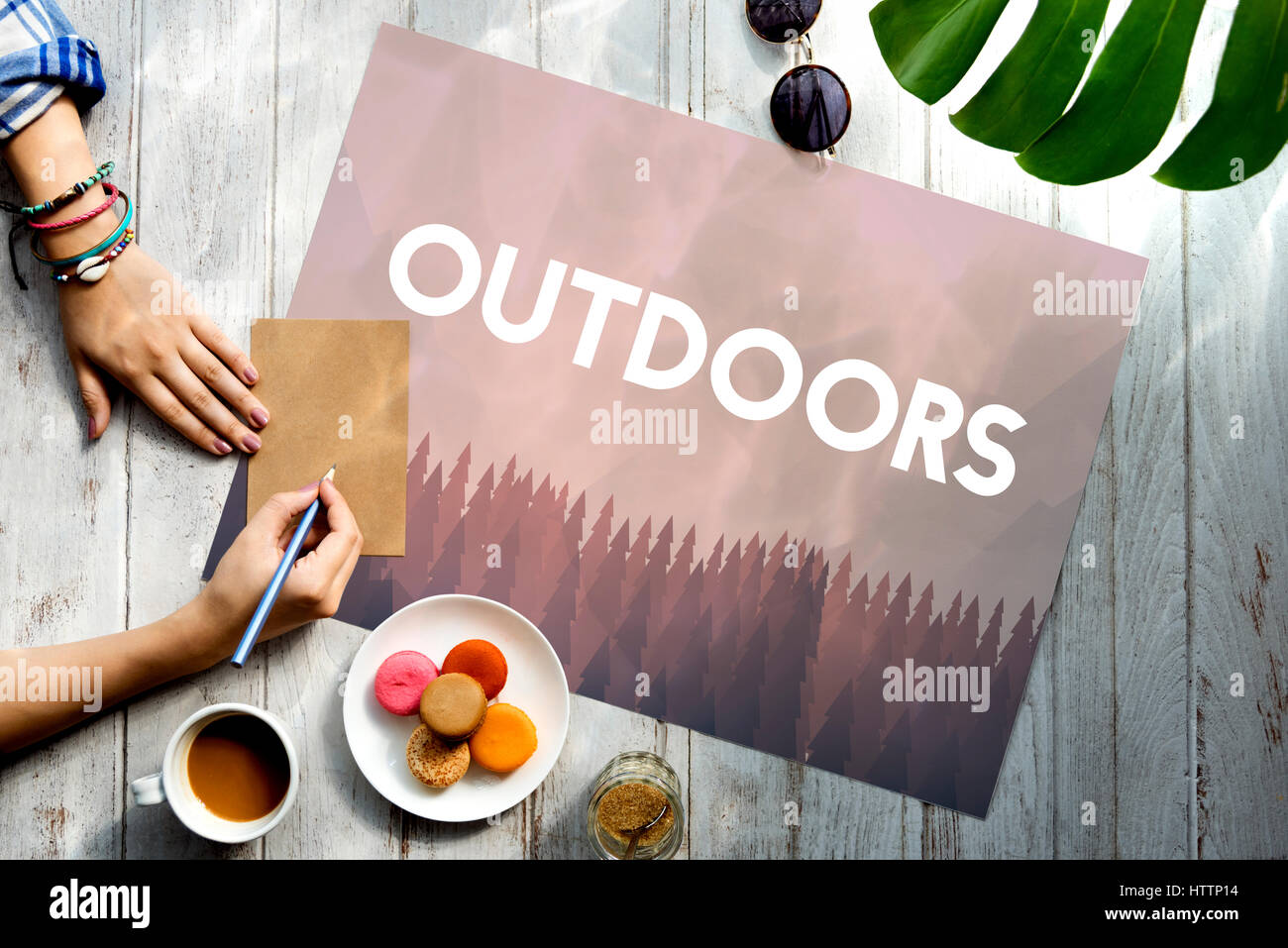 Outdoors word on nature background with trees Stock Photo Alamy