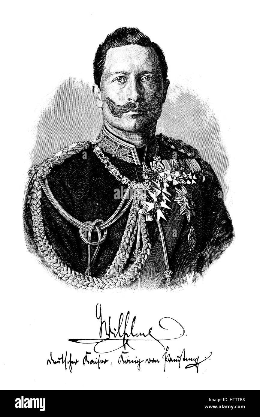 Kaiser Wilhelm II or William II, German,  Friedrich Wilhelm Viktor Albert von Preußen, Frederick William Victor Albert of Prussia, 27 January 1859 - 4 June 1941, was the last German Emperor and King of Prussia, ruling the German Empire and the Kingdom of Prussia, reproduction of a woodcut from 1882, digital improved Stock Photo