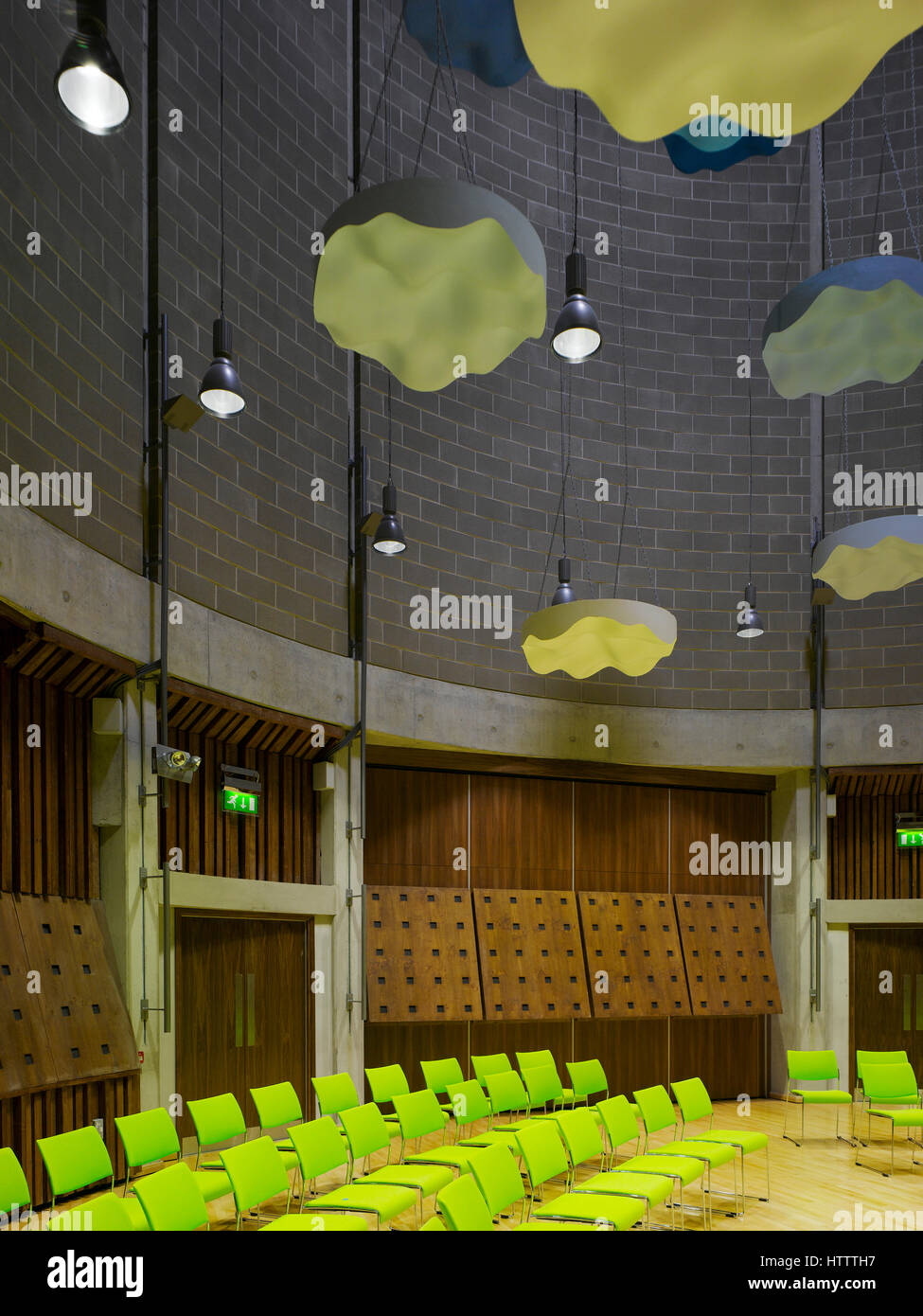 View of drum interior showing accoustic baffles in place. Irish World Academy of Music and Dance, Limerick, Ireland. Architect: Daniel Cordier, 2010. Stock Photo