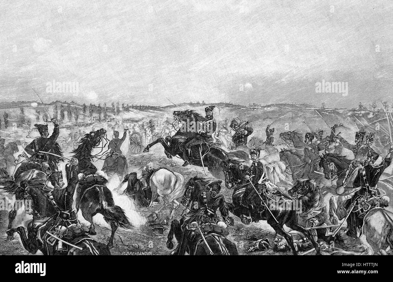 Military people in the Franco-Prussian War 1870 - 1871, Attack of the ducal Brunswick Hussar Regiment No. 17 near Flavigny, France, reproduction of a woodcut from 1882, digital improved Stock Photo