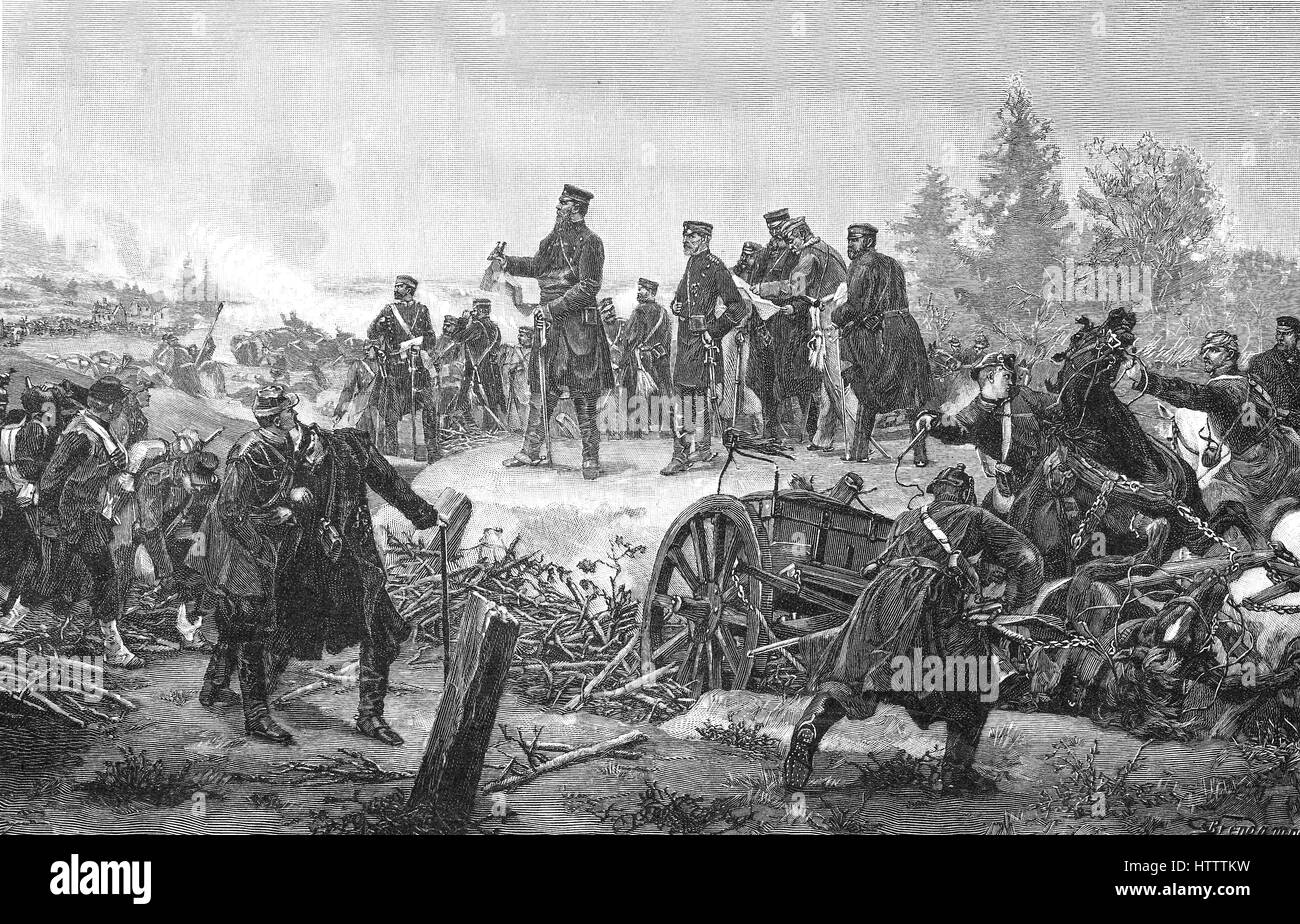 Military people in the Franco-Prussian War 1870 - 1871, The Crown Prince Friedrich Wilhelm of Prussia with his troops before Paris, France, reproduction of a woodcut from 1882, digital improved Stock Photo