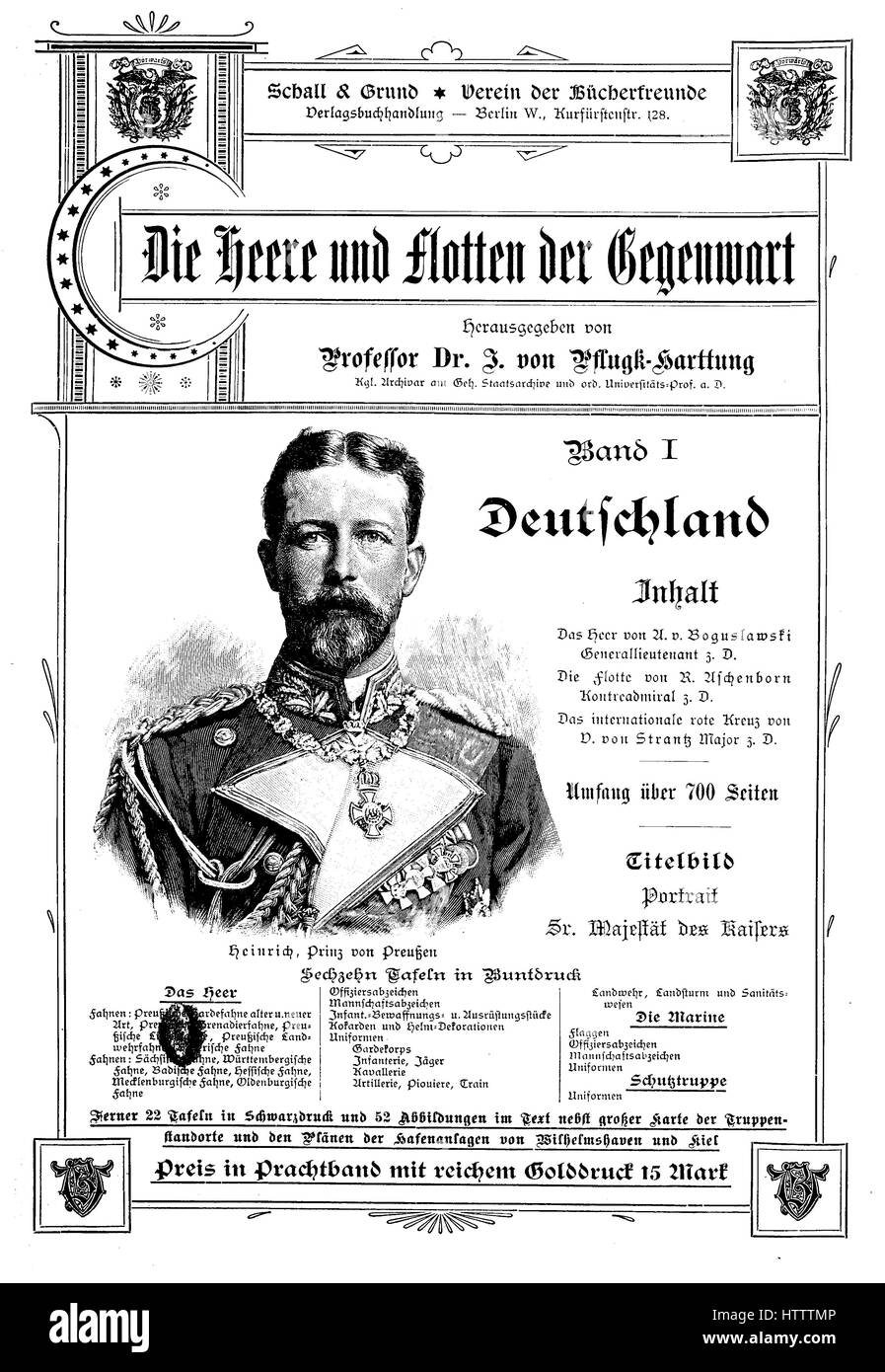 Advertising for the book titled, Die Heere und Flotten der Gegenwart, with the portrait of Prince Friedrich Heinrich Ludwig von Preußen or Prince Frederick Henry Louis of Prussia, Germany, reproduction of a woodcut from 1882, digital improved Stock Photo
