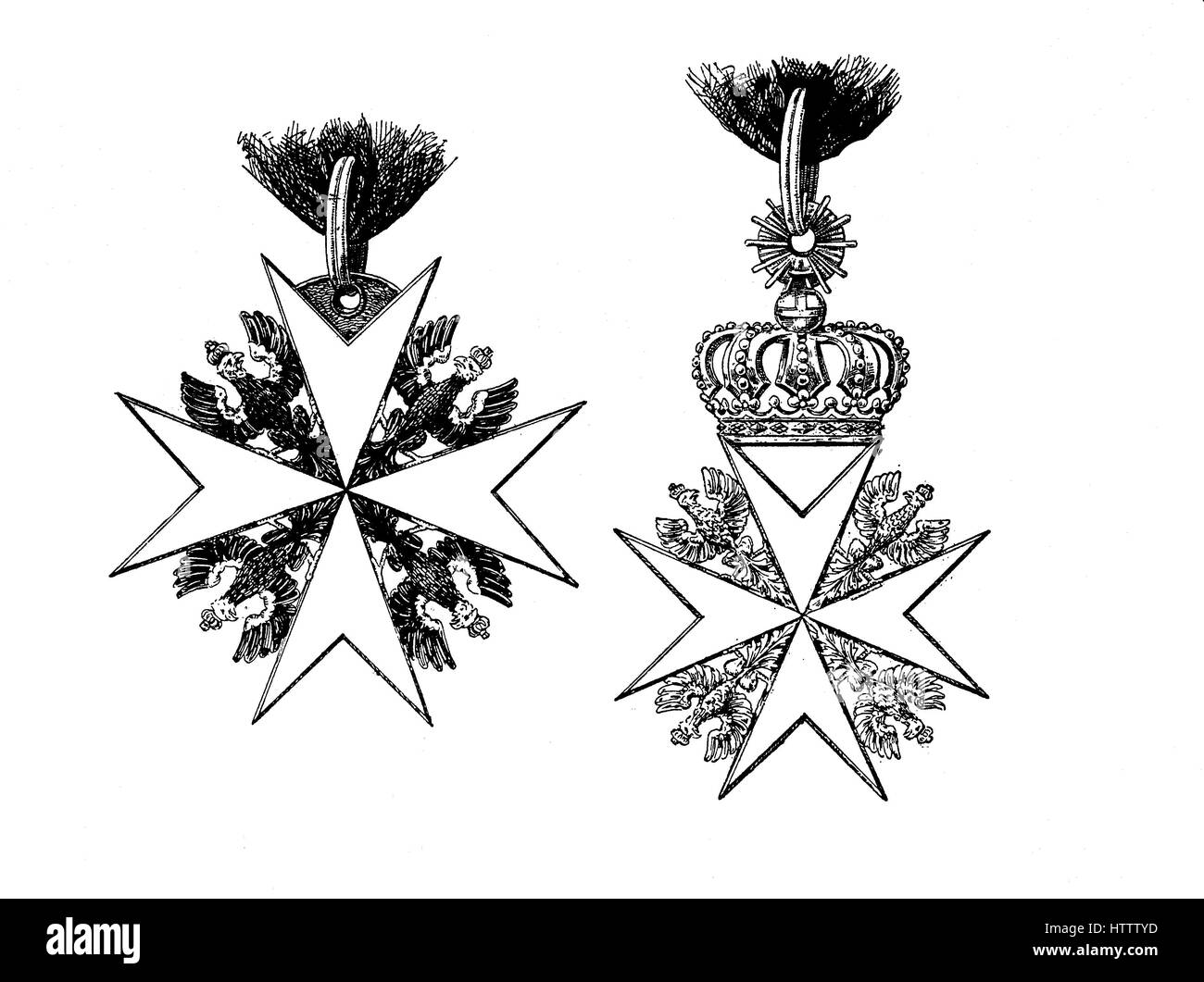Order of the Order of St. John, on the left the sign, Ehrenritterkreuz, Knight's Cross, and on the right the sign, Rechtsritterkreuz, reproduction of a woodcut from 1882, digital improved Stock Photo