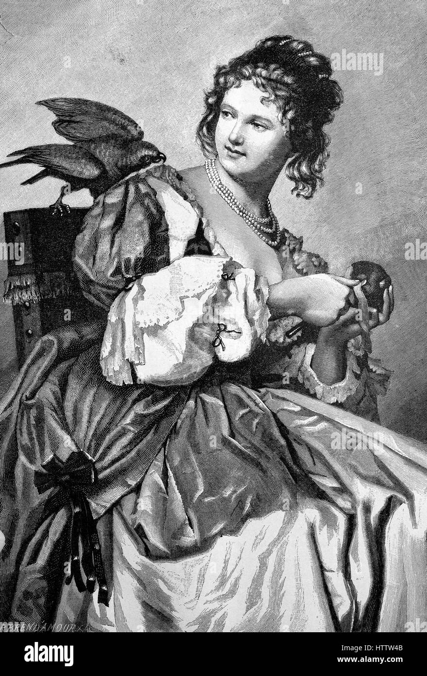 The picture is what do you want ?, girl with an apple and a bird looks curiously over the shoulder, after his painting on wood drawn by Jul. Mante, Germany, reproduction of a woodcut from 1882, digital improved Stock Photo