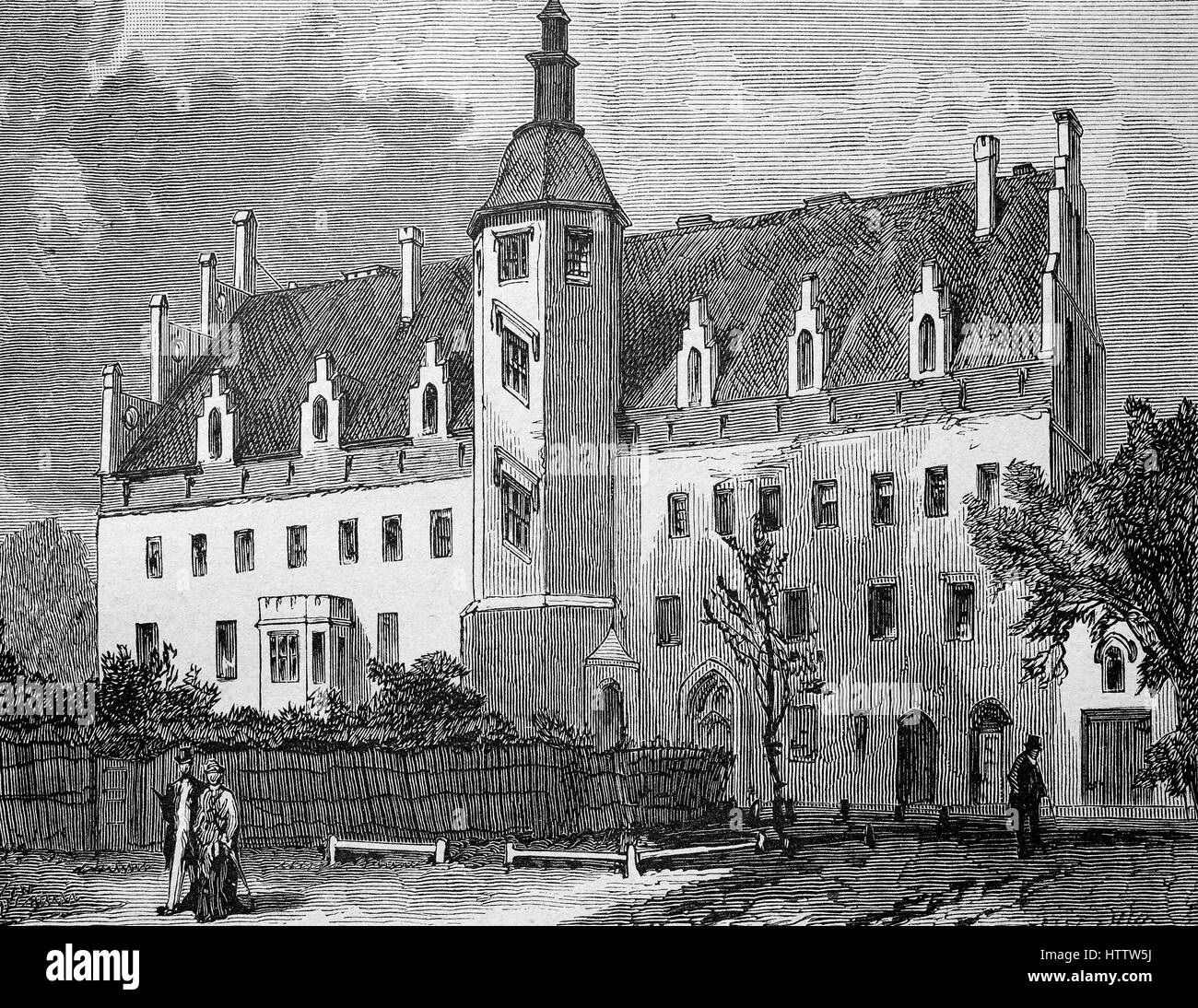 The former university building in Wittenberg, Germany, reproduction of a woodcut from 1882, digital improved Stock Photo