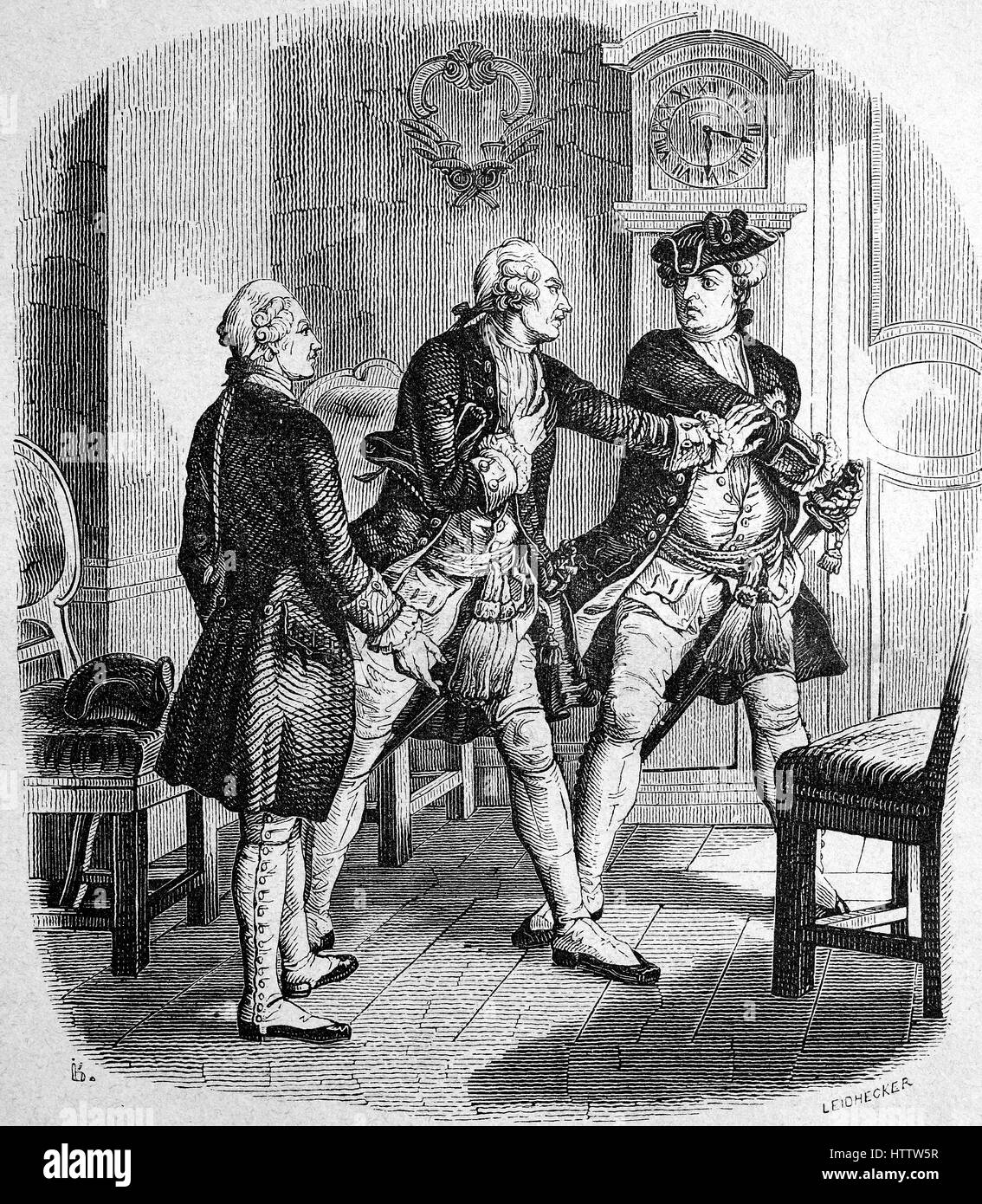 Frederick Wilhelm I. of Prussia threatens his son Friedrich after his failed attempt to escape, Germany. Frederick William I, Friedrich Wilhelm I, 14 August 1688 - 31 May 1740, known as the Soldier King, was the King in Prussia and Elector of Brandenburg from 1713 until his death, reproduction of a woodcut from 1882, digital improved Stock Photo