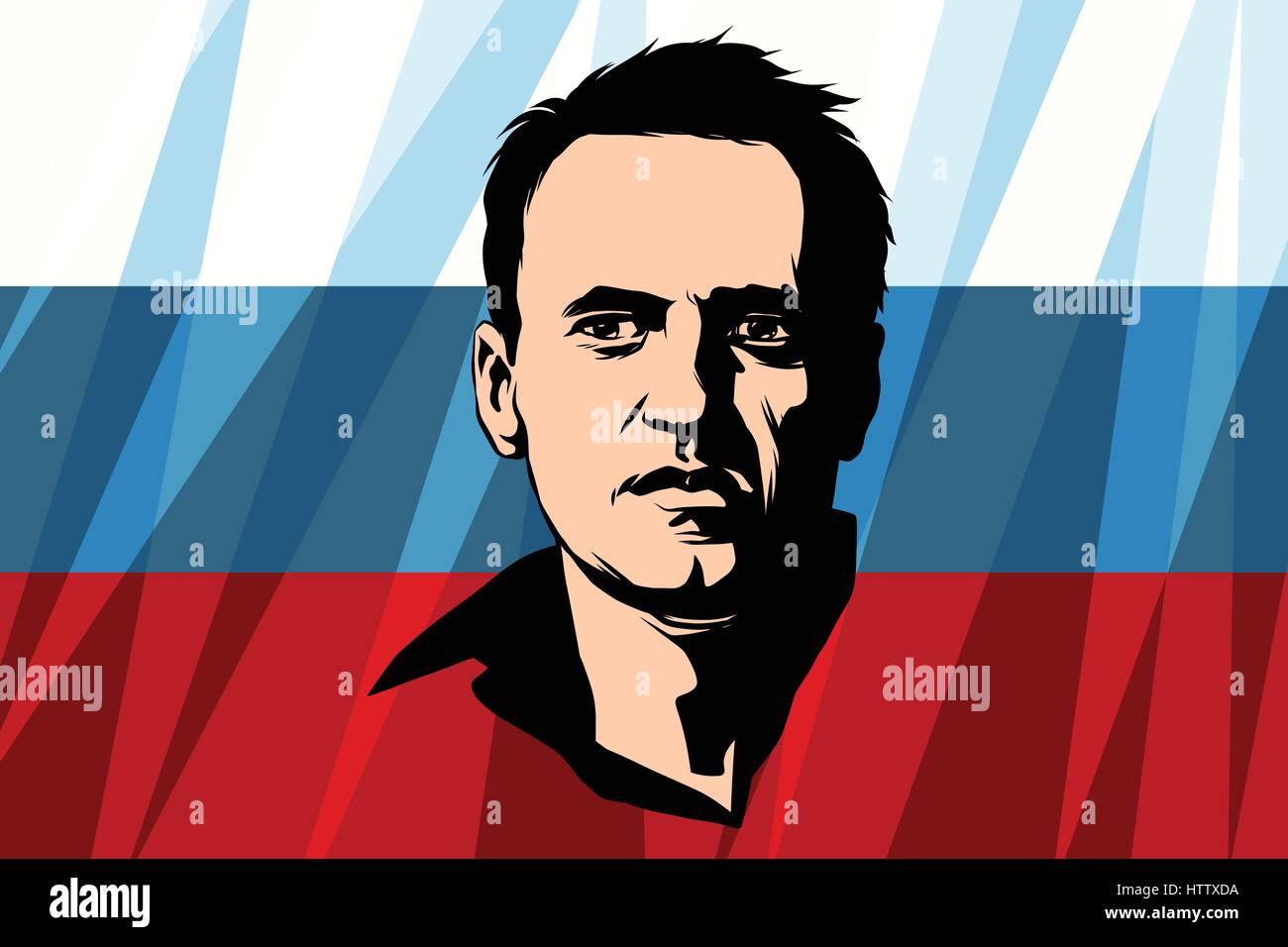 Alexei Navalny the Russian opposition leader. On the background of state flag. Retro comic book style pop art retro illustration color vector Stock Vector