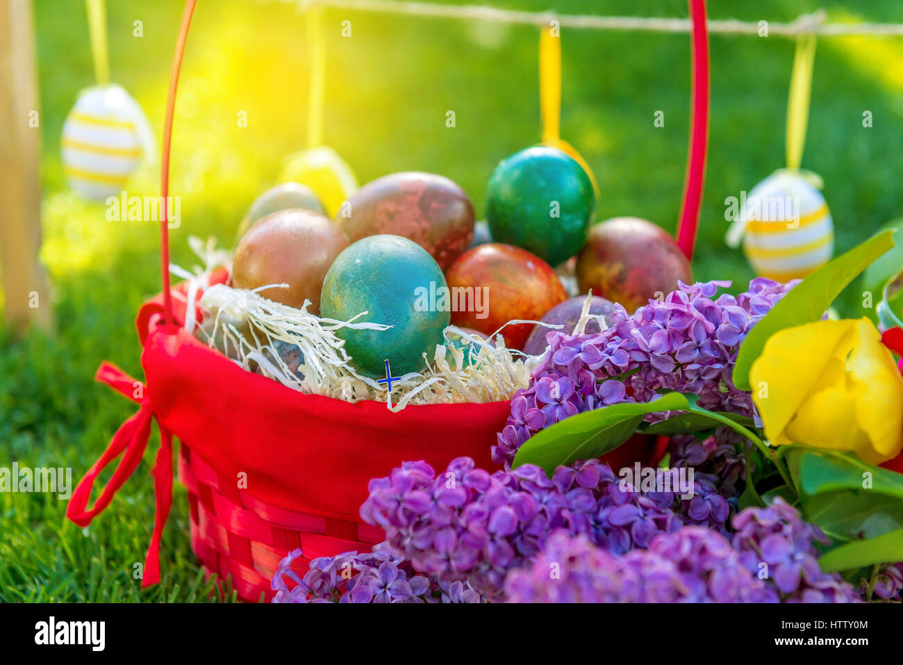 Basket with easter eggs and tulips in april Stock Photo - Alamy
