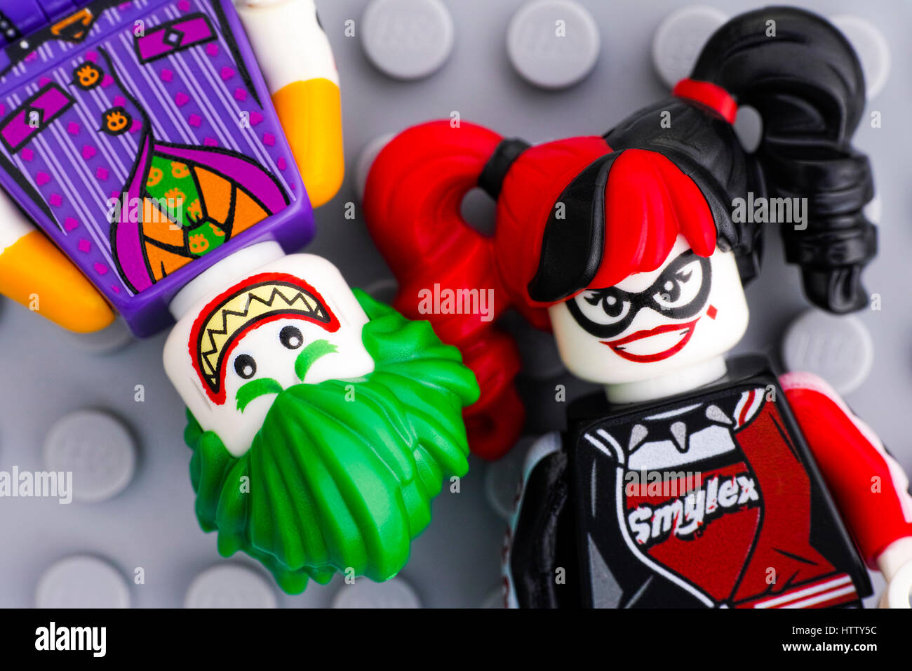 Tambov, Russian Federation - February 11, 2017 Two Lego Batman Movie  minifigures - The Joker and Harley Quinn - on Lego gray baseplate  background. St Stock Photo - Alamy