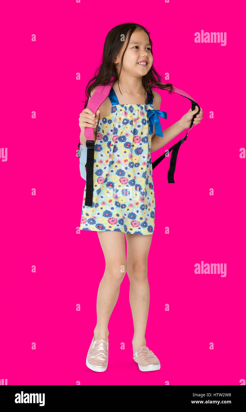 Little Girl Carrying Backpack Smiling Stock Photo Alamy