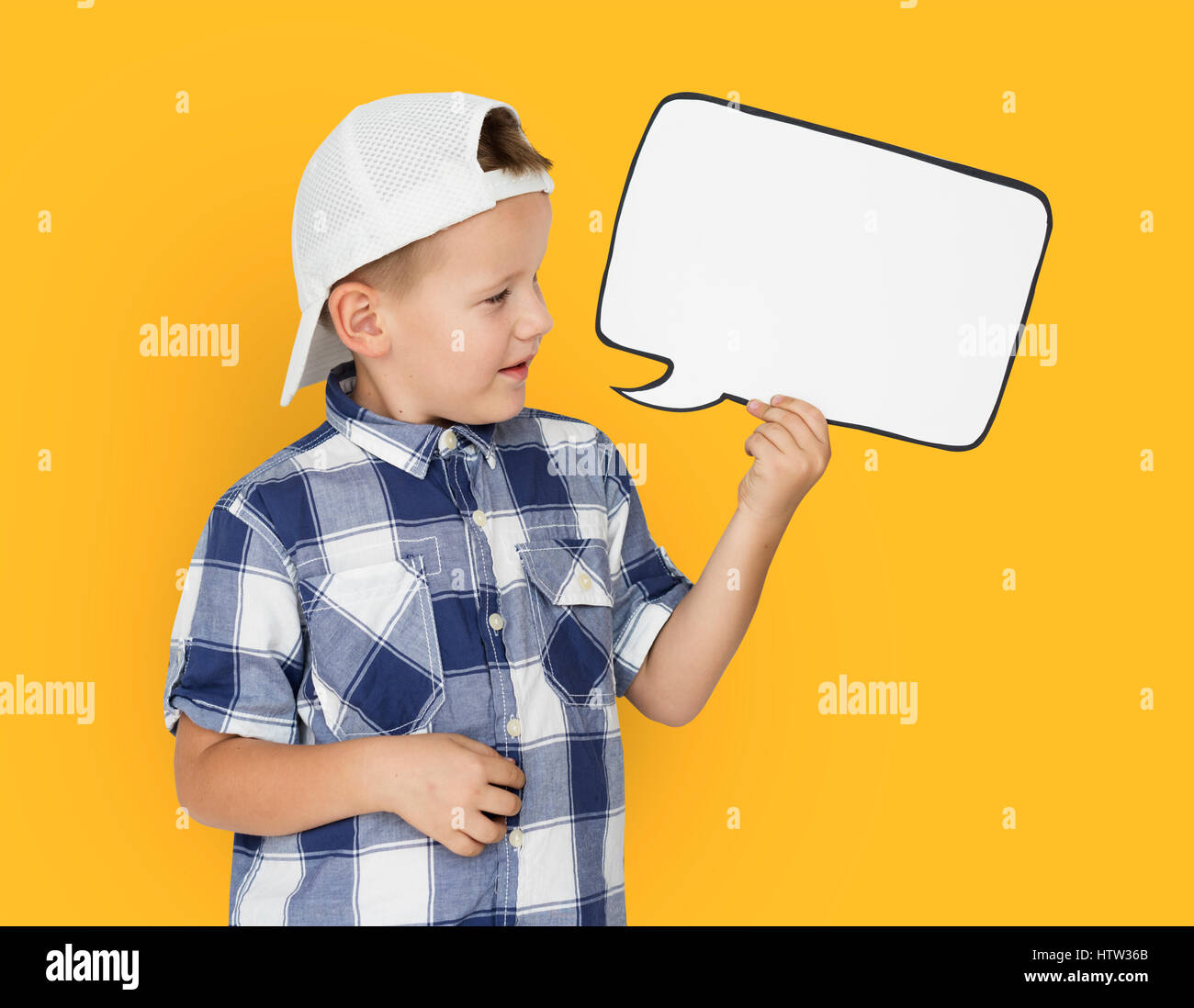 Caucasian Little Boy Holding Chatbox Papercraft Stock Photo - Alamy