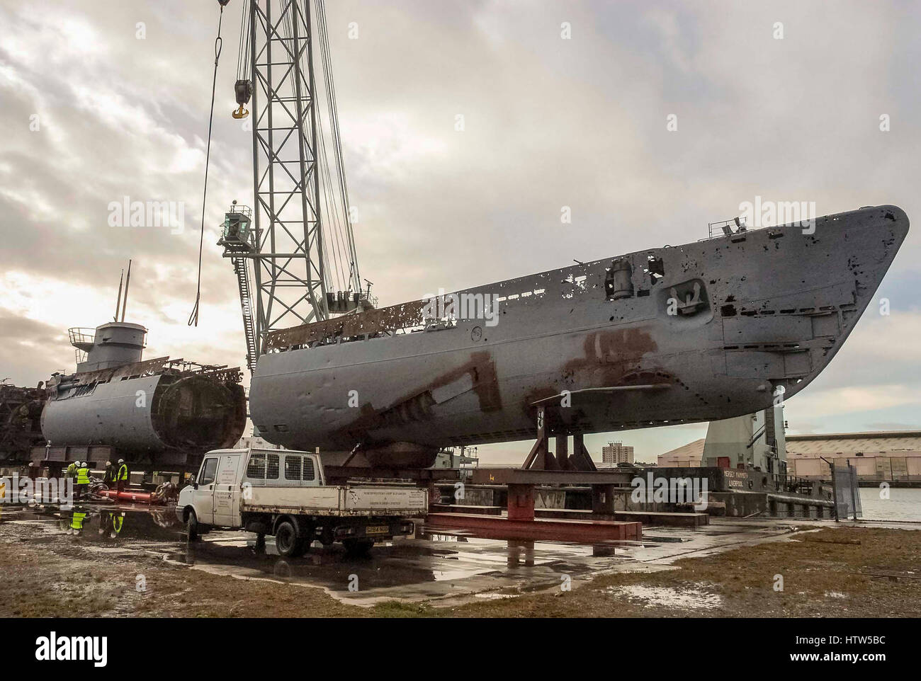 Merseytravel submarine U 534 gets cut into pieces at Birkenhead docks. submarine