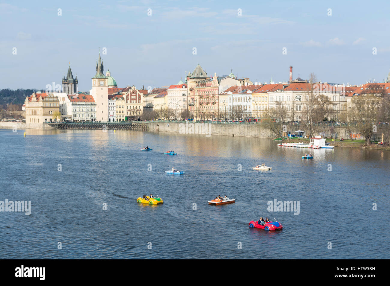 Tourists in pedal boats in Vltava River, Prague, Czech Republic, Europe Stock Photo