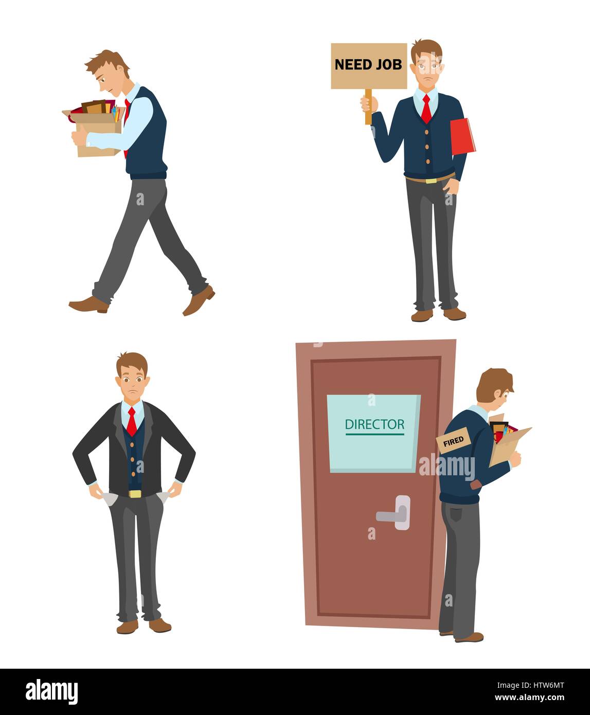 Getting fired flat vector illustration. man dismissed from work going with a box of personal belongings. Stock Vector