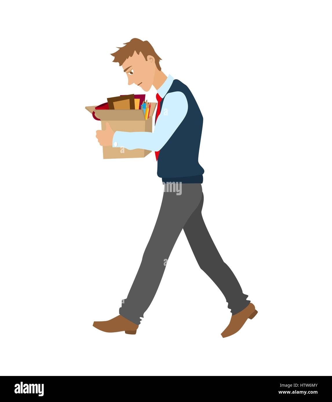 Getting fired flat vector illustration. man dismissed from work going with a box of personal belongings. Stock Vector