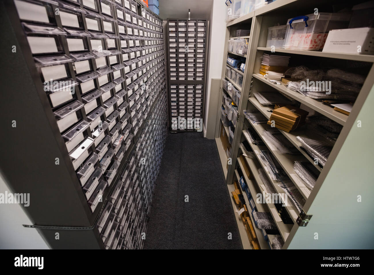 Storage room in a repair centre Stock Photo