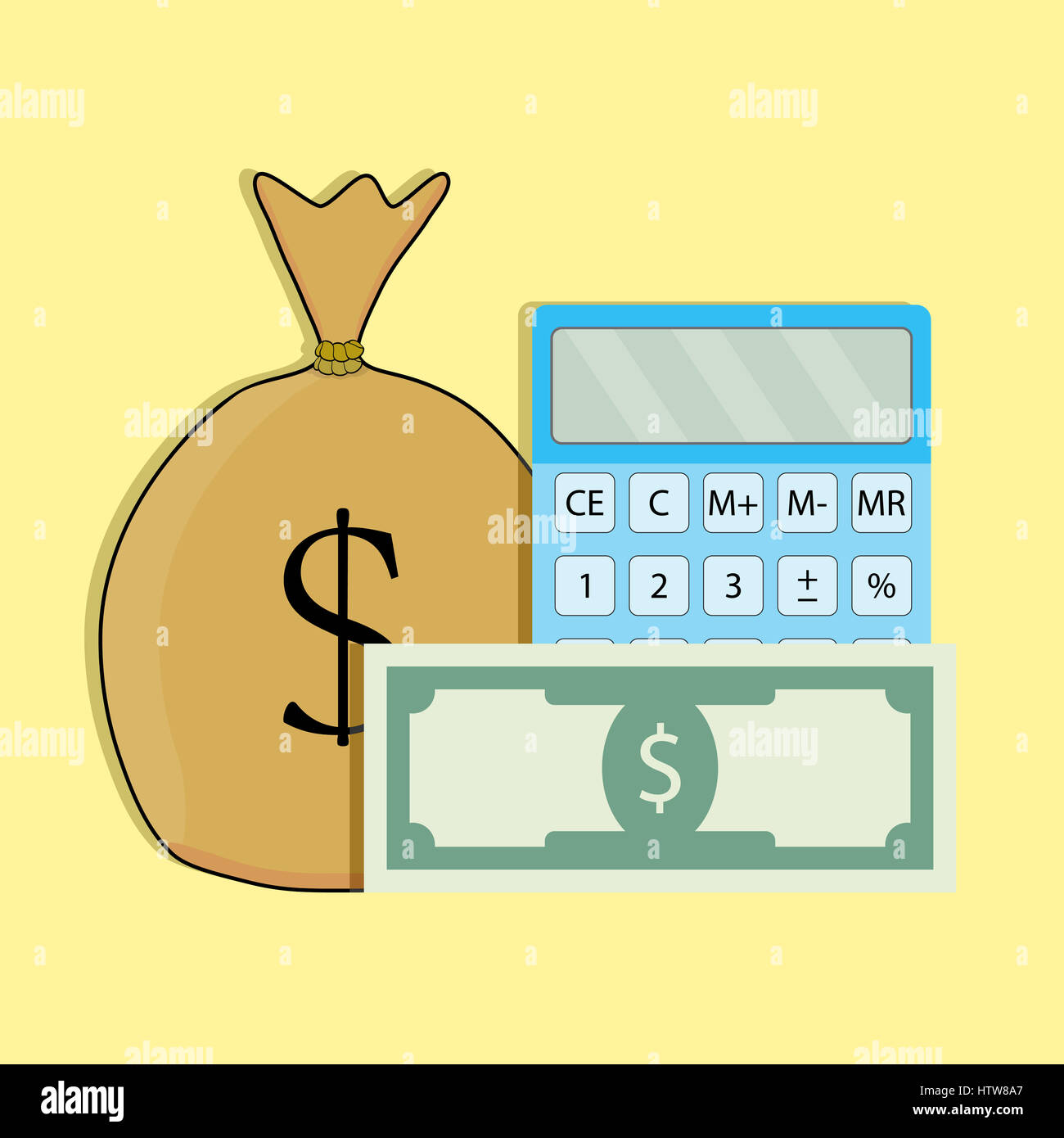 Count money vector. Finance currency, calculator and money bag