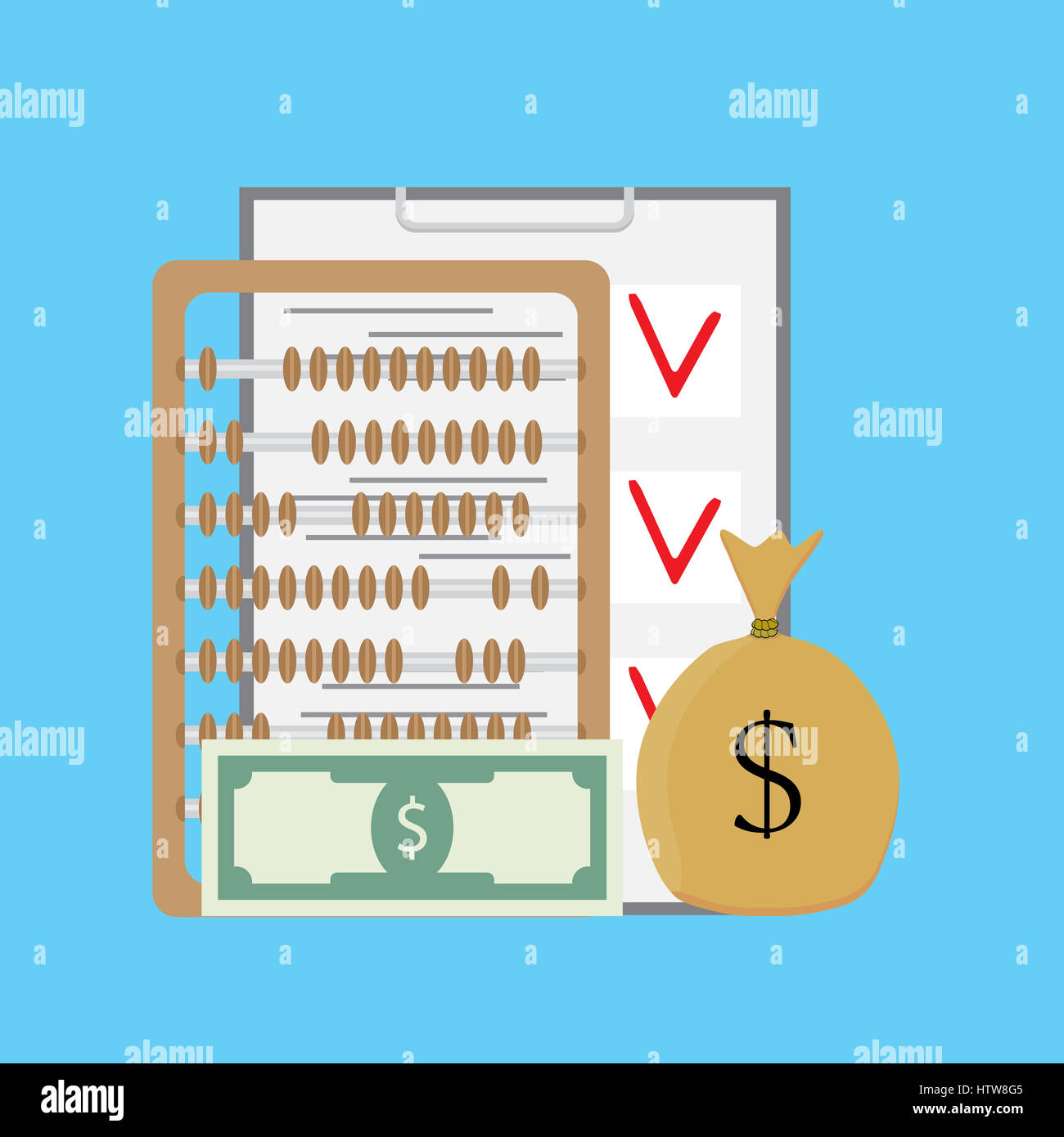 Check and count money. Finance checklist and abacus, sack of money