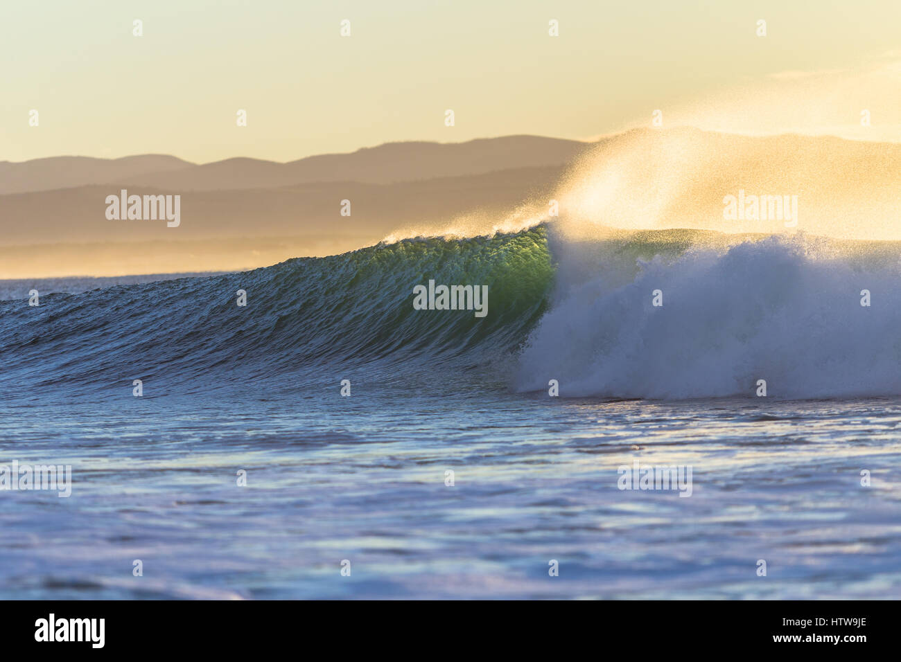 Ocean wave crashing along beach coastline morning back light colors. Stock Photo